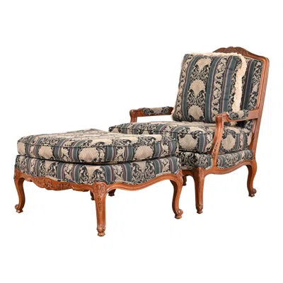 Pre-owned Thomasville Louis Xv Carved Walnut Upholstered Fauteuil And Ottoman In Brown