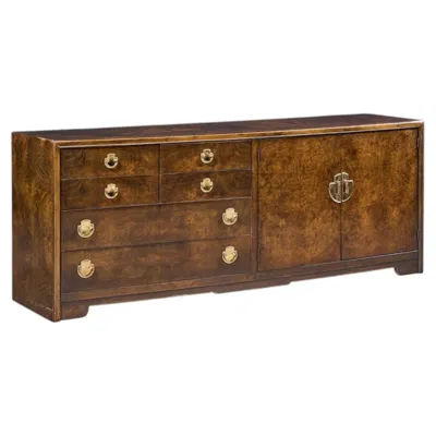 Pre-owned Thomasville Mid Century Burlwood And Brass Credenza In Brown