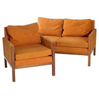 Pre-owned Thomasville Mid Century Danish Modern  Walnut & Faux Leather Sofa & Chair 20thc In Brown