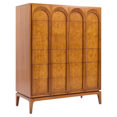 Pre-owned Thomasville Mid Century Sculptural Arched Walnut And Burlwood Highboy Dresser In Brown