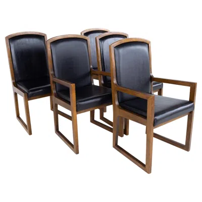 Pre-owned Thomasville Mid Century Walnut And Black Naugahyde Sleigh Leg Dining Chairs, Se