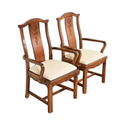 Pre-owned Thomasville Mid-century Hollywood Regency Chinoiserie Walnut Armchairs, Pair In Brown