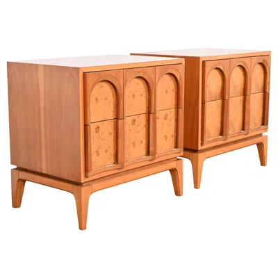 Pre-owned Thomasville Mid-century Modern Burl Wood Nightstands, Newly Refinished In Brown