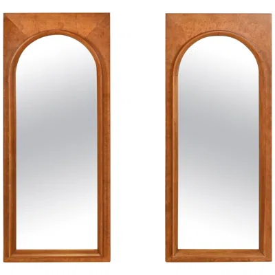 Pre-owned Thomasville Mid-century Modern Burled Walnut Framed Arched Wall Mirrors, Pair In Brown