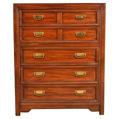 Pre-owned Thomasville Mid-century Modern Hollywood Regency Campaign Walnut Highboy Dresser In Brown