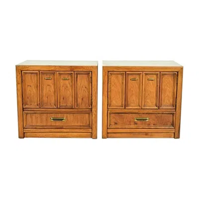 Pre-owned Thomasville Mid-century Modern Sculpted Walnut Campaign Nightstands, Pair In Brown