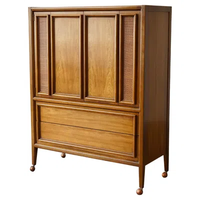 Pre-owned Thomasville Mid-century Modern Walnut & Cane Gentleman's Chest / Highboy Dresser In Brown