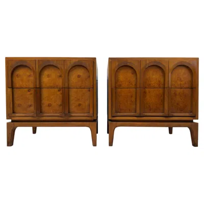 Pre-owned Thomasville Mid-century Walnut And Burlwood Arched Nightstands By  In Brown