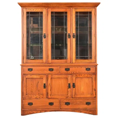Pre-owned Thomasville Mission Oak Arts & Crafts Lighted Breakfront Bookcase In Brown