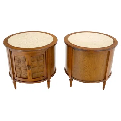 Pre-owned Thomasville Pair Round Drum Barrel Shape Travertine Top Two Doors End Side Tables Stand Mint In Brown