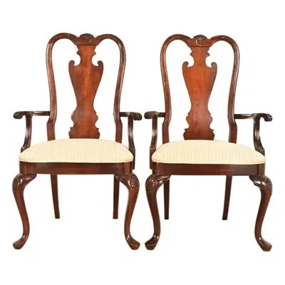 Pre-owned Thomasville Queen Anne Carved Solid Mahogany Armchairs, Pair In Brown