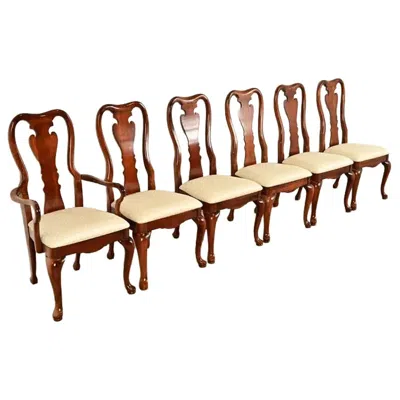 Pre-owned Thomasville Queen Anne Carved Solid Mahogany Dining Chairs Set Of Six In Brown