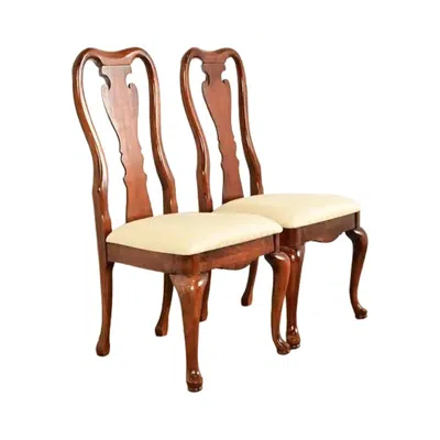 Pre-owned Thomasville Queen Anne Carved Solid Mahogany Side Chairs Or Dining Chairs Pair In Brown