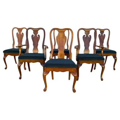 Pre-owned Thomasville Queen Anne Walnut Dining Chairs By , Set Of Six With Slate Upholstery In Gray