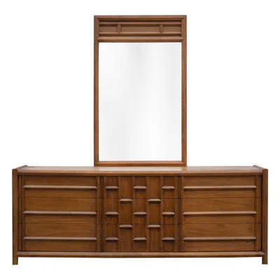 Pre-owned Thomasville Rare  Carved Walnut Long Dresser & Mirror 9-drawer Dated 1966 In Brown