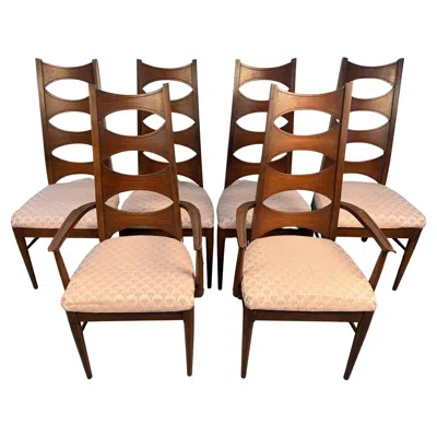 Pre-owned Thomasville Set Of Six Mid-century Upholstered Walnut Dining Chairs By  In Brown