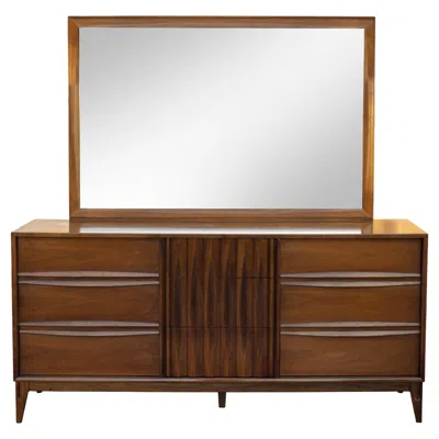 Pre-owned Thomasville Tiki Louvered 9-drawer Sculpted Walnut Dresser & Mirror Mid Century In Brown