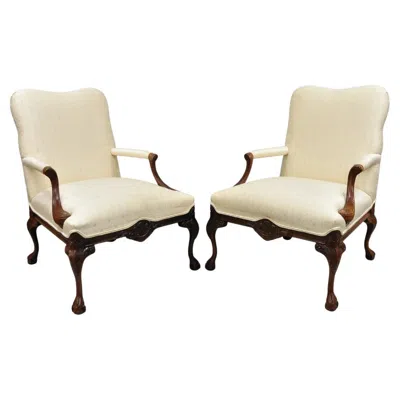 Pre-owned Thomasville Vintage  Georgian Style Carved Mahogany Lounge Arm Chairs - A Pair In Brown