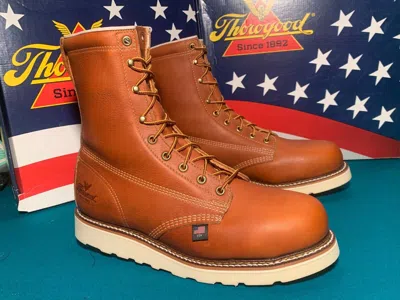 Pre-owned Thorogood Men Size 10 1/2 Ee Plain Toe 814-4364 Wedge Bottom 8" Boots Usa Made In Full Grain Tobacco Oil Tanned Leather