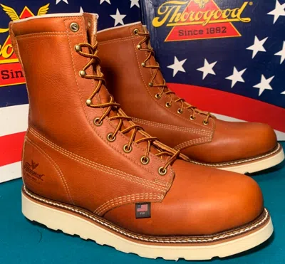 Pre-owned Thorogood Men Size 10 D 804-4364 Steel Plain Toe Wedge Bottom Boots Union Usa In Full Grain Tobacco Oil Tanned Leather