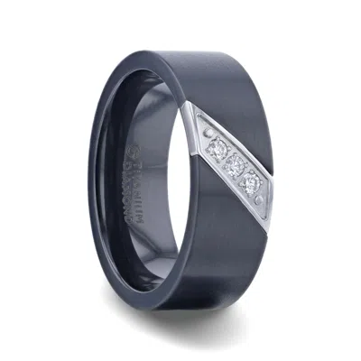 Pre-owned Thorsten Jaguar Flat Brushed Black Titanium Men's Wedding Band With Small Silver-coated