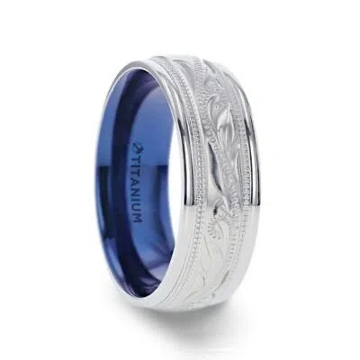 Pre-owned Thorsten Mariner Titanium Milgrain Engraved Finish Men's Wedding Ring With Blue