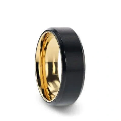 Pre-owned Thorsten Velvet Flat Brushed Black Titanium Men's Wedding Ring With Yellow Gold