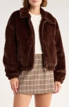 Thread & Supply Faux Fur Zip Bomber Jacket In Brown