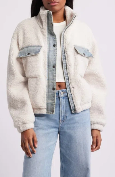 Thread & Supply Faux Shearling & Denim Crop Jacket In Ivory Light Denim Combo