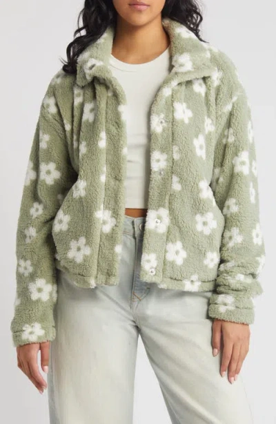 Thread & Supply Floral Print High Pile Fleece Jacket In Light Sage Floral