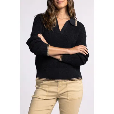 Thread & Supply Joel Tipped Johnny Collar Polo Sweater In Raven Black