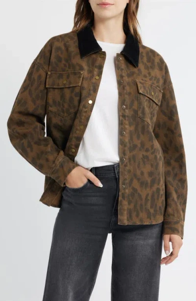 Thread & Supply Leopard Print Cotton Denim Shacket In Brown