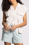 Thread & Supply Lydia Stripe Short Sleeve Linen Blend Button-up Shirt In Neutral