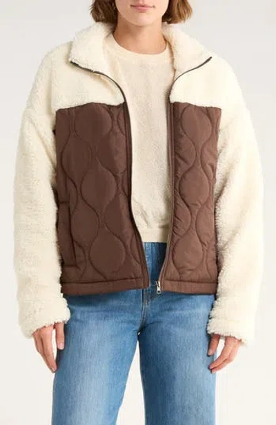 Thread & Supply Mixed Media Fleece & Quilted Panel Zip Jacket In Brown
