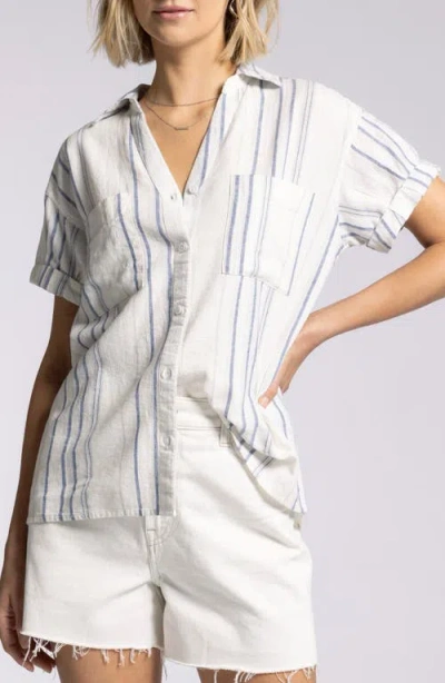 Thread & Supply Sydney Stripe Short Sleeves Linen Blend Button-up Shirt In White