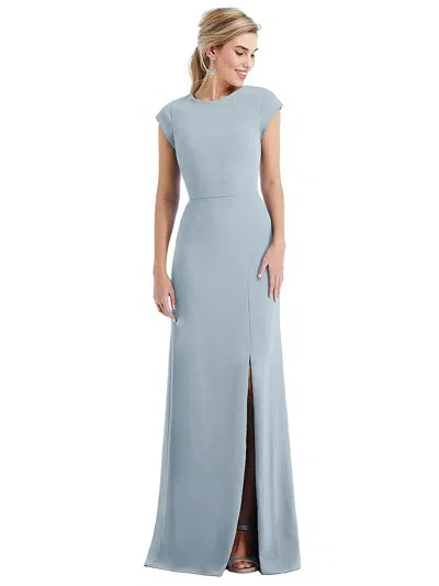 Thread Bridesmaid Cap Sleeve Open-back Trumpet Gown With Front Slit In Blue