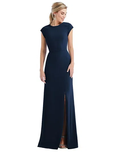 Thread Bridesmaid Cap Sleeve Open-back Trumpet Gown With Front Slit In Blue