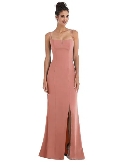Thread Bridesmaid Notch Crepe Trumpet Gown With Front Slit In Pink