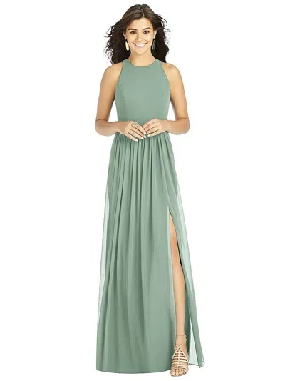 Thread Bridesmaid Shirred Skirt Jewel Neck Halter Dress With Front Slit