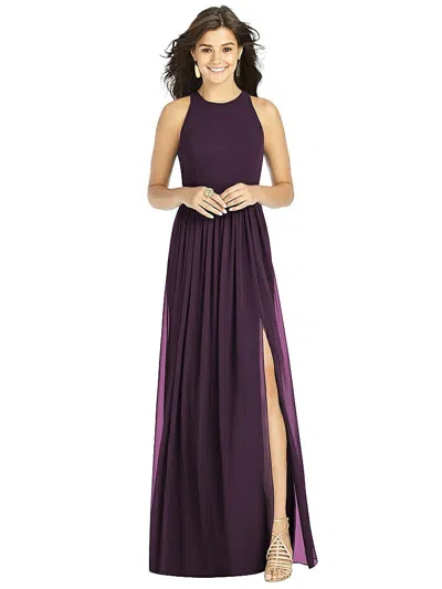 Thread Bridesmaid Shirred Skirt Jewel Neck Halter Dress With Front Slit