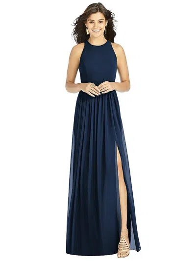 Thread Bridesmaid Shirred Skirt Jewel Neck Halter Dress With Front Slit In Multi