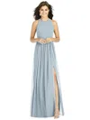 Thread Bridesmaid Shirred Skirt Jewel Neck Halter Dress With Front Slit