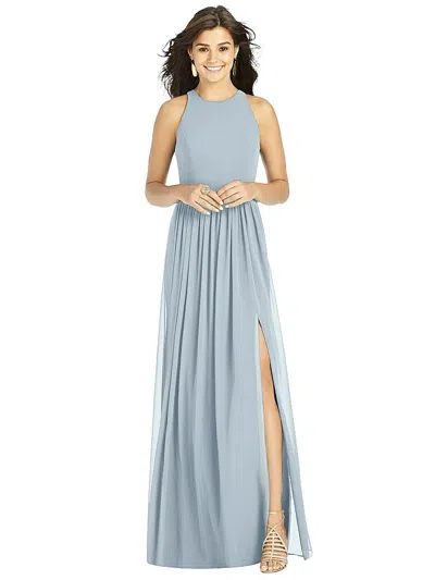 Thread Bridesmaid Shirred Skirt Jewel Neck Halter Dress With Front Slit In Blue