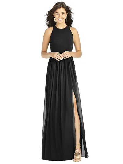 Thread Bridesmaid Shirred Skirt Jewel Neck Halter Dress With Front Slit In Multi