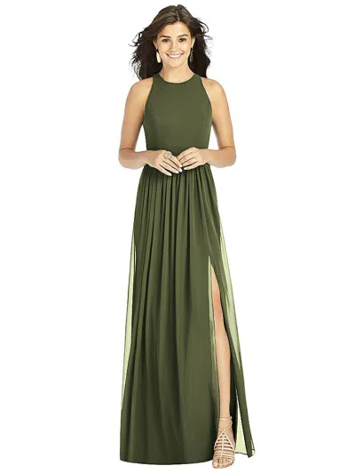 Thread Bridesmaid Shirred Skirt Jewel Neck Halter Dress With Front Slit In Multi