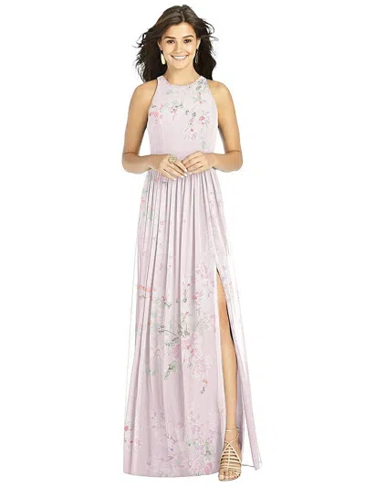 Thread Bridesmaid Shirred Skirt Jewel Neck Halter Dress With Front Slit In Purple
