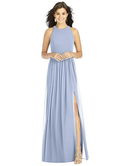 Thread Bridesmaid Shirred Skirt Jewel Neck Halter Dress With Front Slit In Blue