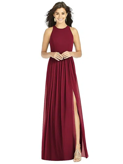 Thread Bridesmaid Shirred Skirt Jewel Neck Halter Dress With Front Slit In Red