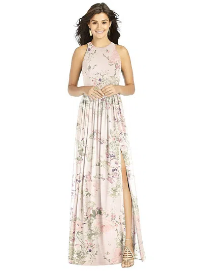 Thread Bridesmaid Shirred Skirt Jewel Neck Halter Dress With Front Slit In White