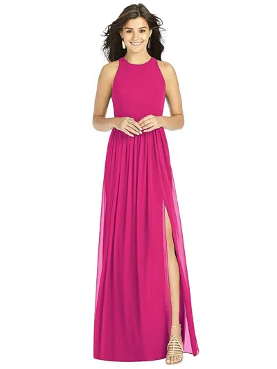 Thread Bridesmaid Shirred Skirt Jewel Neck Halter Dress With Front Slit In Pink